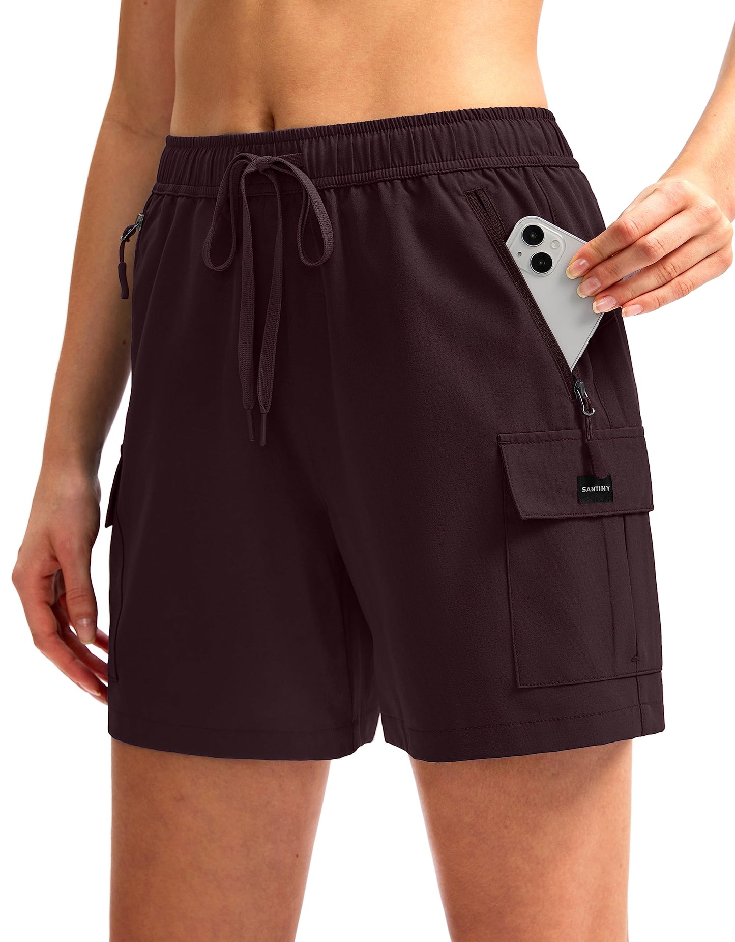 SANTINY Women's 5''/ 7''/9'' Hiking Cargo Shorts Quick Dry Lightweight Summer Shorts for Women Athletic Golf Zipper Pockets(Wine_M)