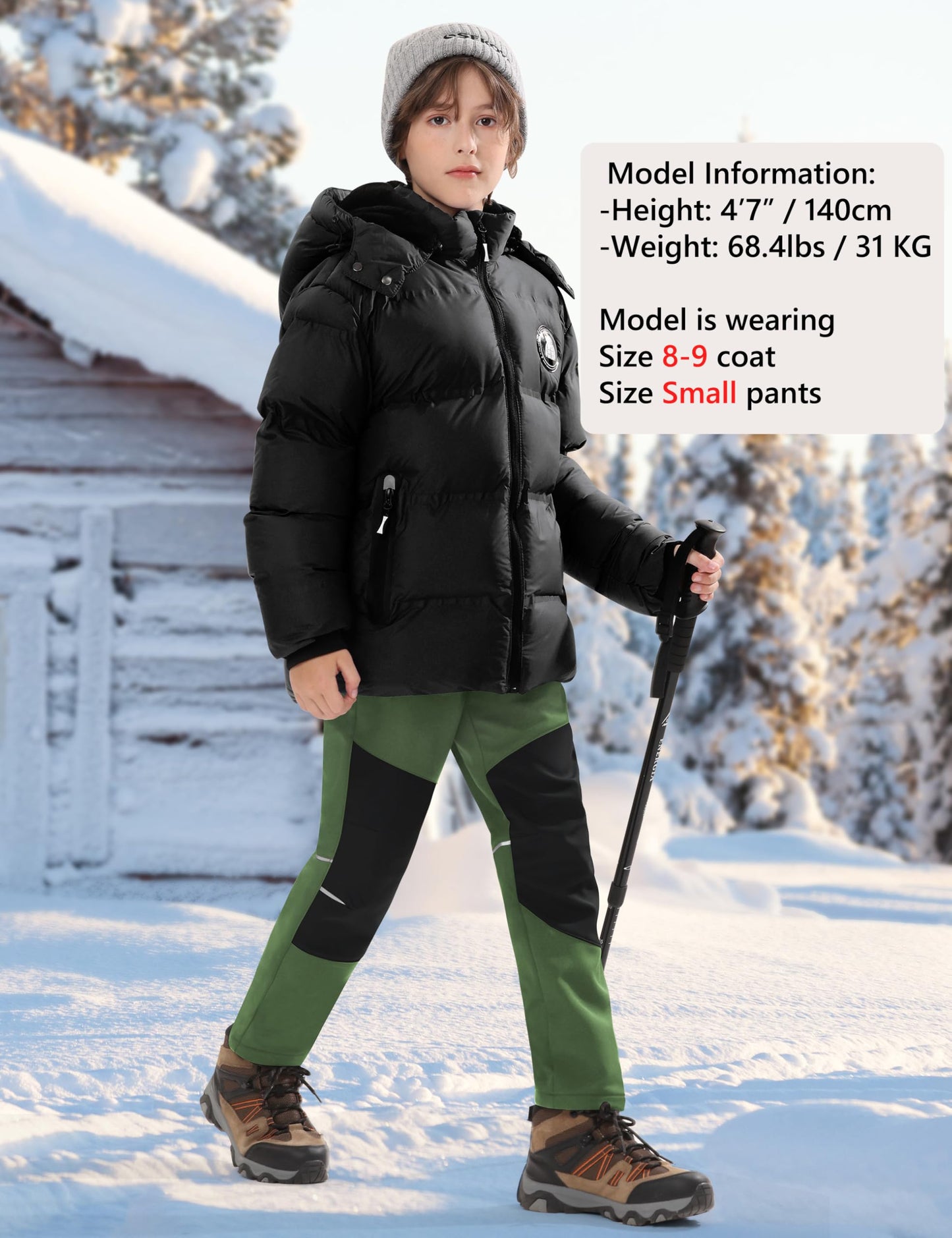 Buyboxs Kids Snow Pants Boys Waterproof Insulated Hiking Pants Youth Winter Warm Fleece Lined Ski Snowpants, Green/Black XL