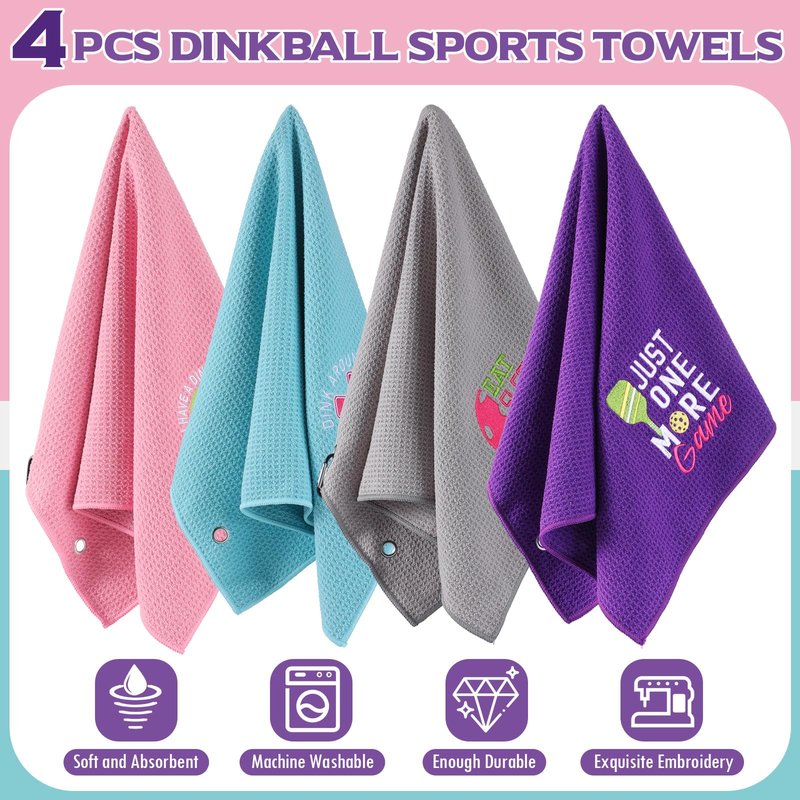 Hosuly 4 Pcs Dinkball Towel 16" x 24" Microfiber Waffle Athletic Towel with Clip Dinkball Lover Gift for Men Women Pi Day Mothers Day Party Favors(Women,Vivid)