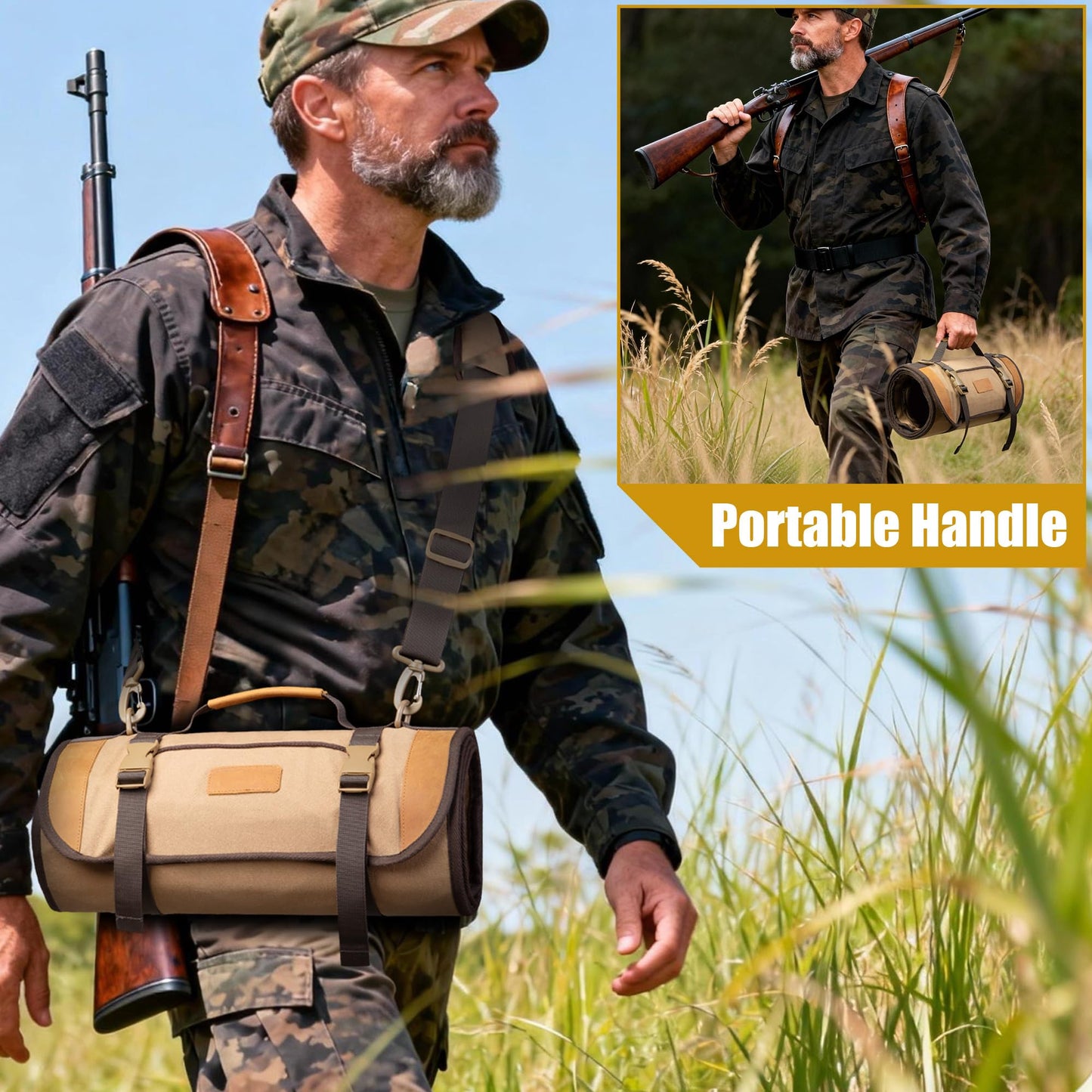 GOBUROS Large Gun Cleaning Mat for All Guns, Roll Up Rifle Cleaning Pad with PVC Accessory Organizer for Shotgun Handgun Pistols, Portable Canvas Gun Clean Mat with Shoulder Strap Khaki