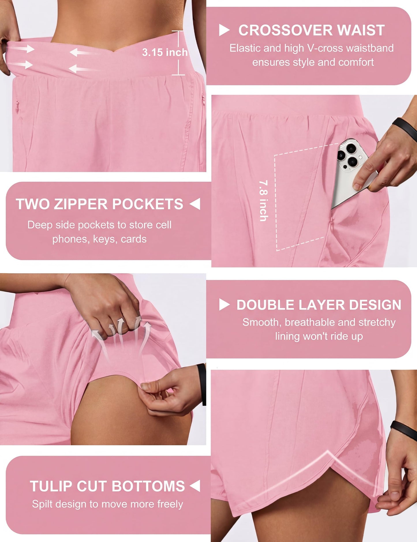 Blooming Jelly Women's Workout Shorts Athletic Running Cross V Cut Waist Work Out Preppy Shorts with Zipper Pockets (Light Pink,X-Large)