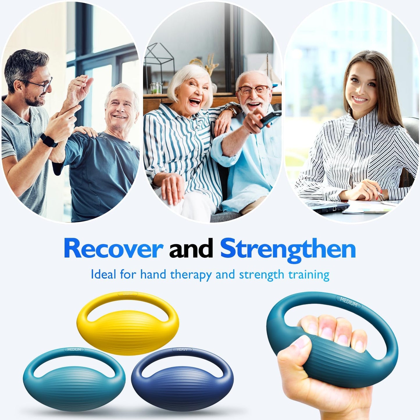 FitBeast Hand Exercise Balls - 3 Resistance Levels Stress Balls for Adults, Squeeze Balls for Hand Therapy, Rehabilitation, Arthritis, Muscle Building (3 Piece Set -Yellow Teal Navy Blue)