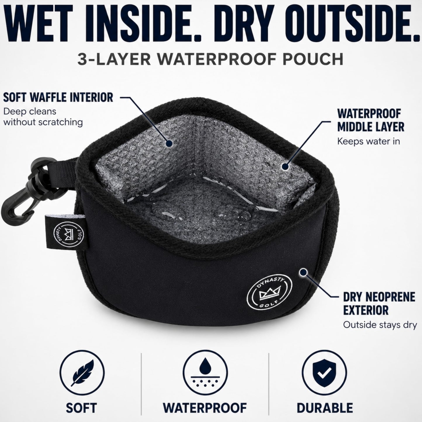 Golf Club and Ball Cleaner for Golf Bag, Clip-On Club and Ball Cleaner Pouch with Waffle Towel Interior, Wet Inside Dry Outside, Club and Ball Cleaner for Golf Bag Use On Course