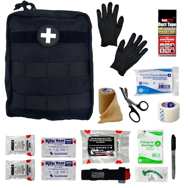IFAK (Individual First Aid Kit) Trauma Kit with CAT Tourniquet — Medical Pouch for Tactical, Outdoor, Hiking, Military — Backpacking Emergency Medical Kit for Bleeding Control (Black)