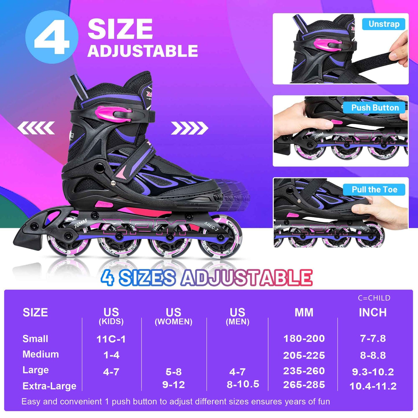 2PM SPORTS Vinal Girls Adjustable Inline Skates with Light up Wheels Beginner Skates Fun Illuminating Roller Skates for Kids Boys and Ladies… (Violet & Magenta, Large - Youth (4Y-7Y US))