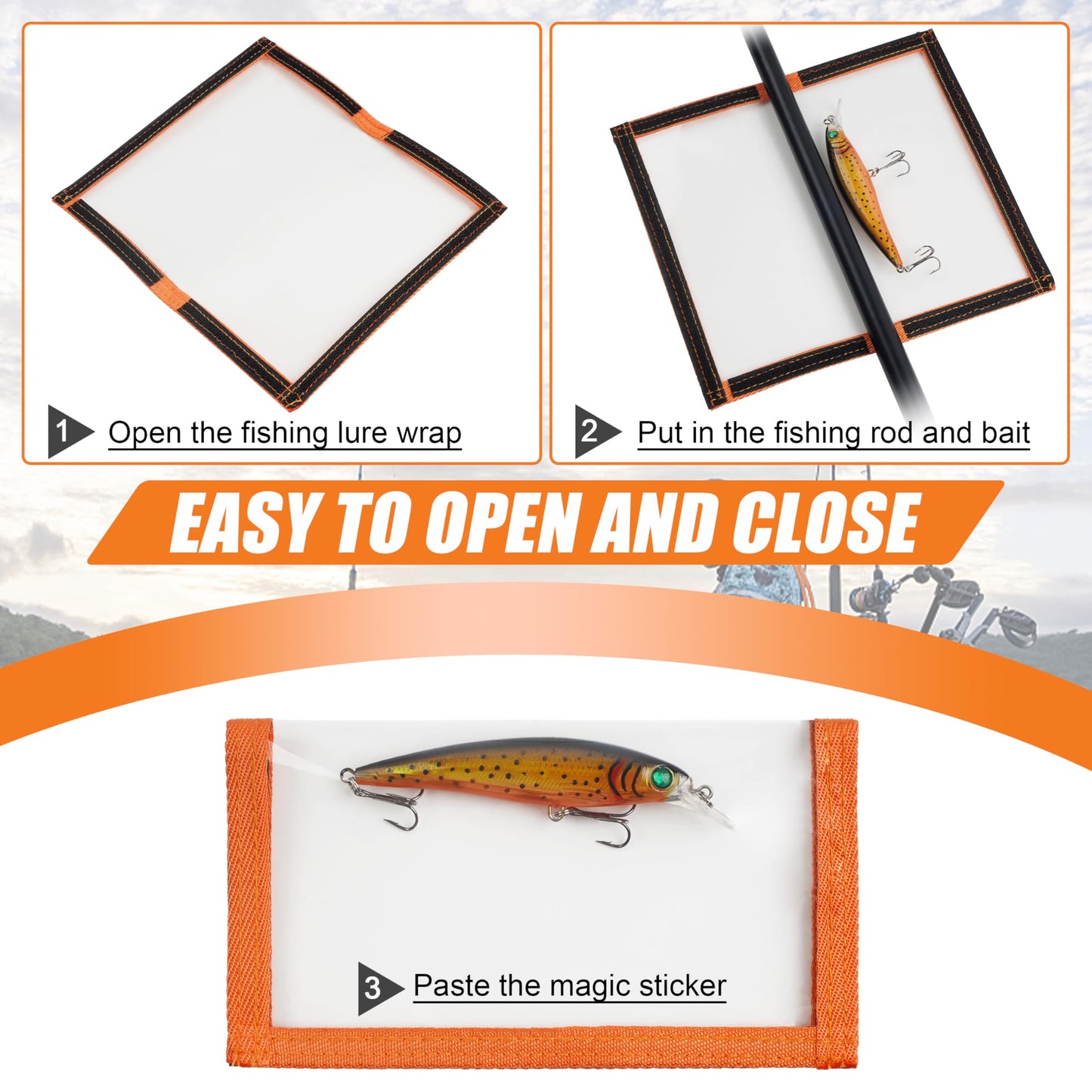 Fishing Lure Wraps for Fishing Rod with Velcro 4 Packs Bait Storage Covers Clear PVC Lure Protector Medium Large Sizes (M+L-ORANGE-4PCS)
