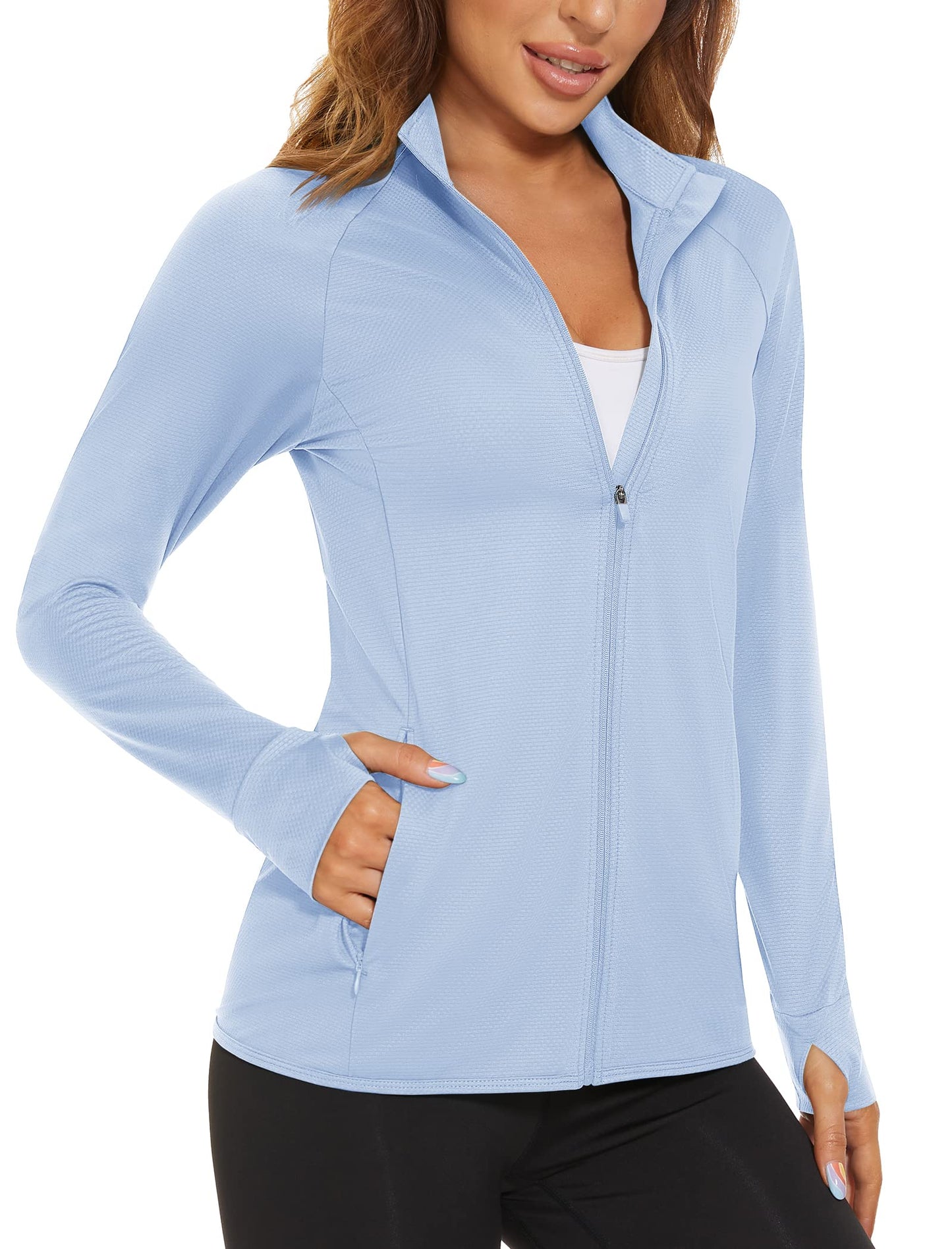 MAGCOMSEN Long Sleeve Shirt Jacket for Women UPF 50+ UV Shirts Running Workout Hiking Shirts Athletic Zip Up Jacket Women Blue XL