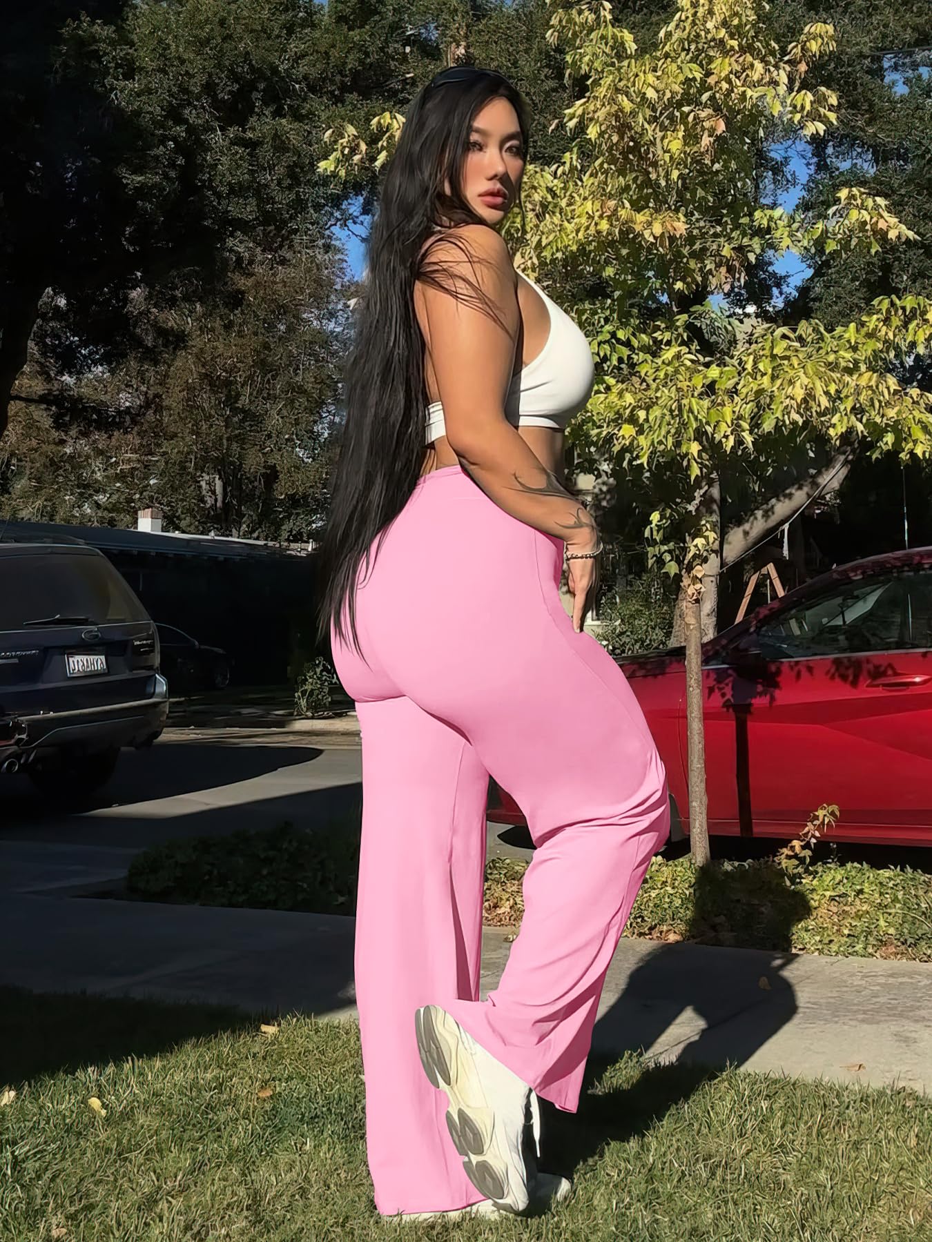 YEOREO Workout Leggings Womens No Front Seam Straight Leggings 35" High Waist Buttery Eddiy Gym Yoga Pants Bubblegum Pink S