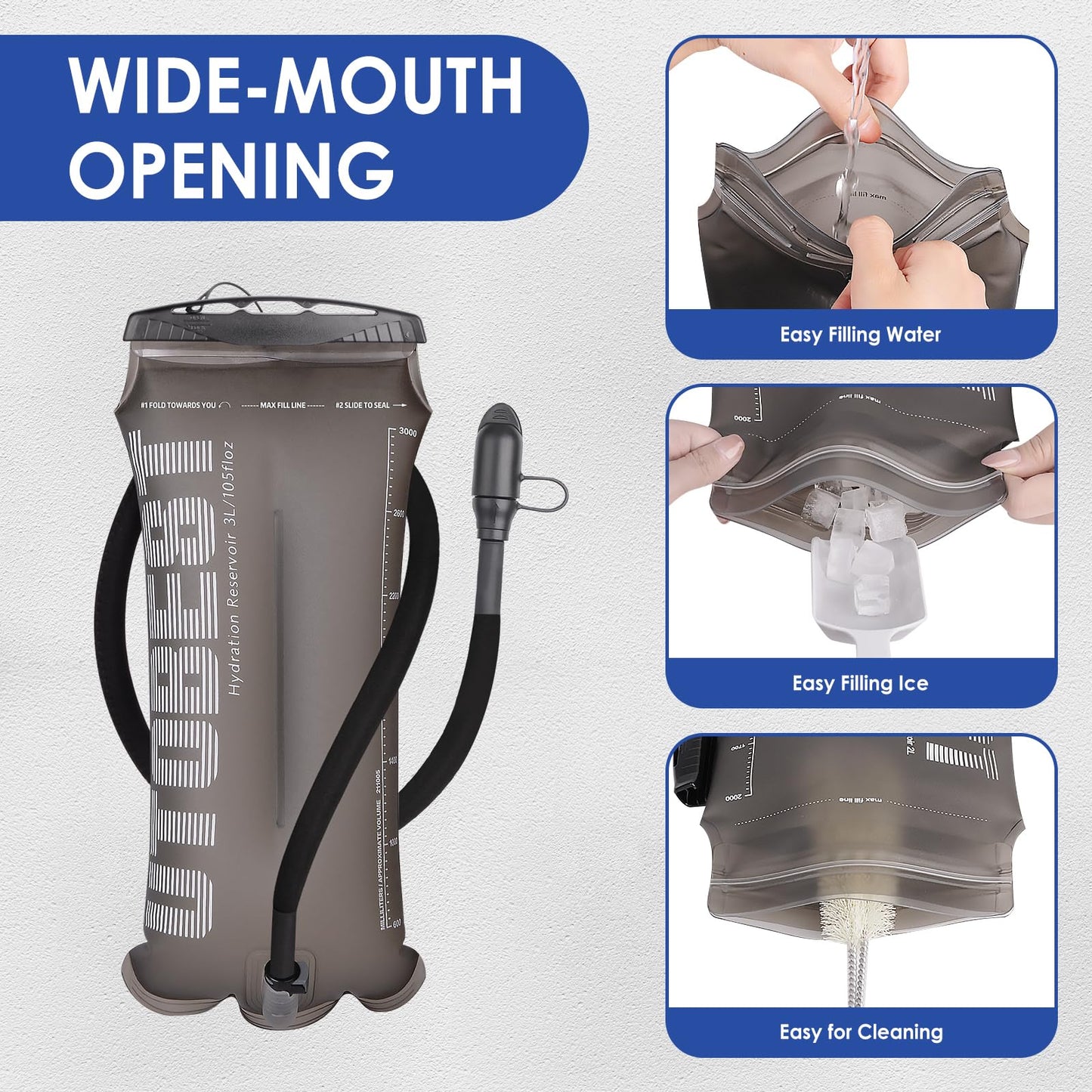 UTOBEST Hydration Bladder,TPU Water Bladder 3L,Water Bladder for Hiking Backpack,BPA Free,Wide Opening,Leak-Proof,Water Reservoir for Hiking Cycling Camping Running