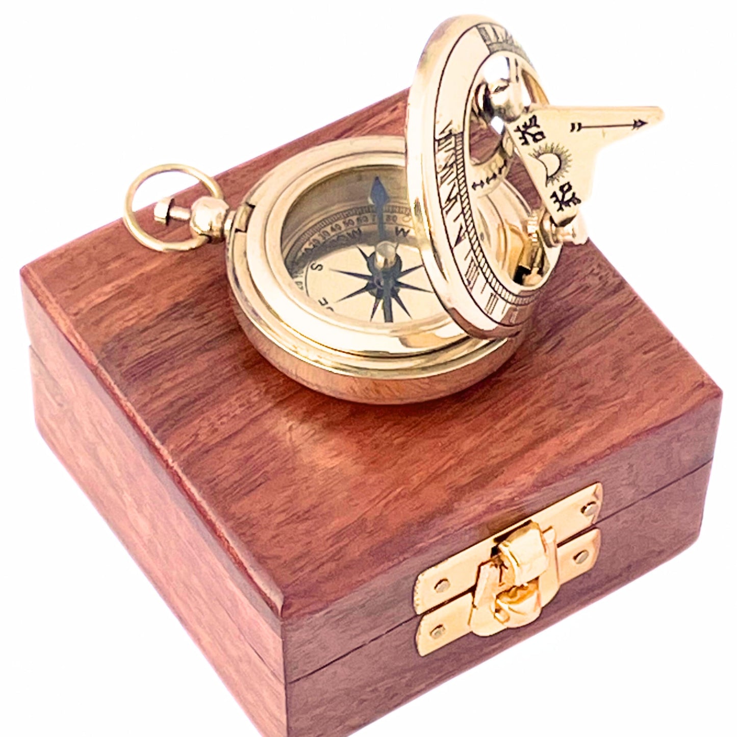 Marine Sundial Compass with Antique Nautical Solid Pocket Compass in Box Vintage Polish with Brass Finish Navigate Device Collection