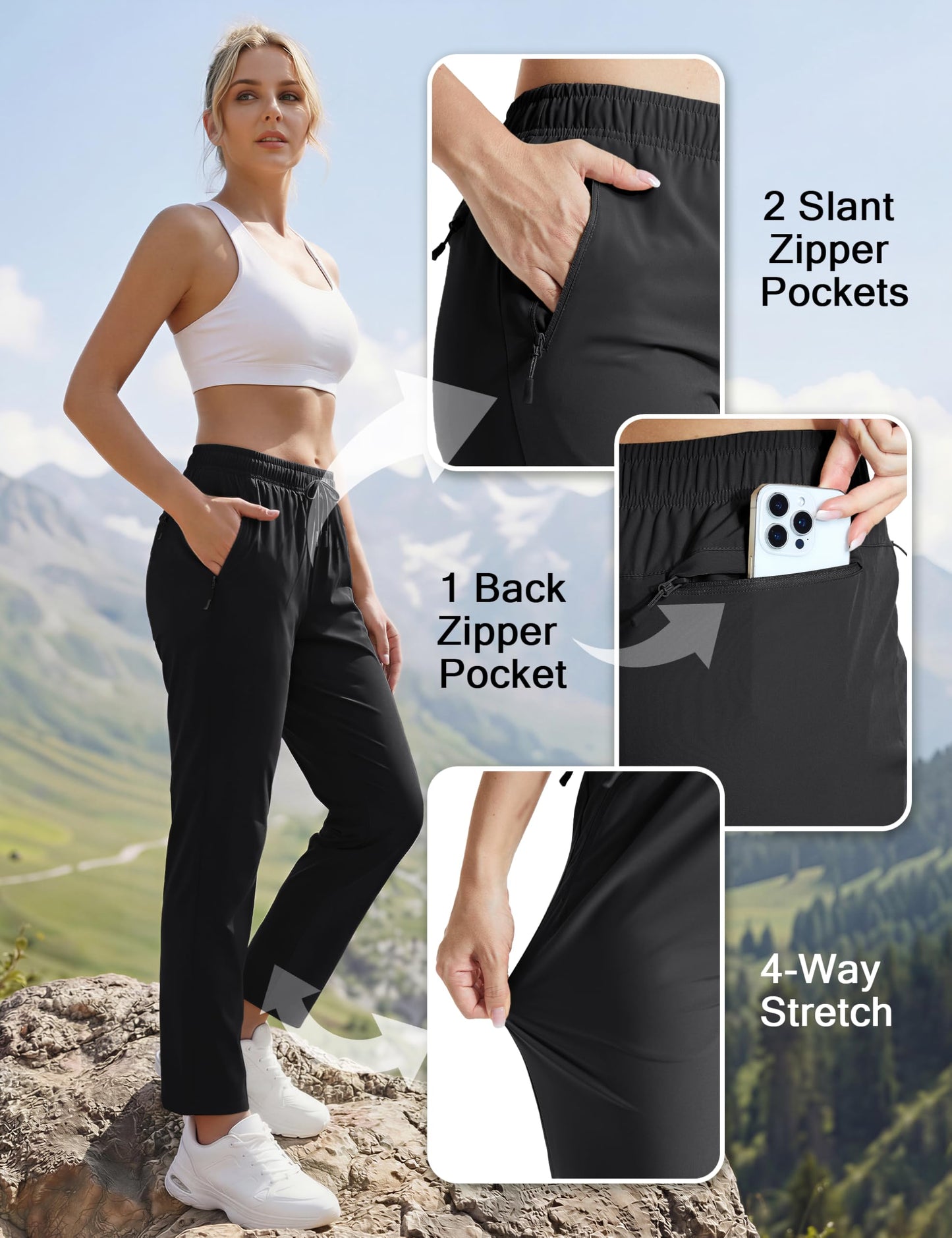 MAGCOMSEN Black Hiking Pants Women Quick Dry Sun Protection Elastic Waist Athletic Travel Pants Drawstring Workout, XL
