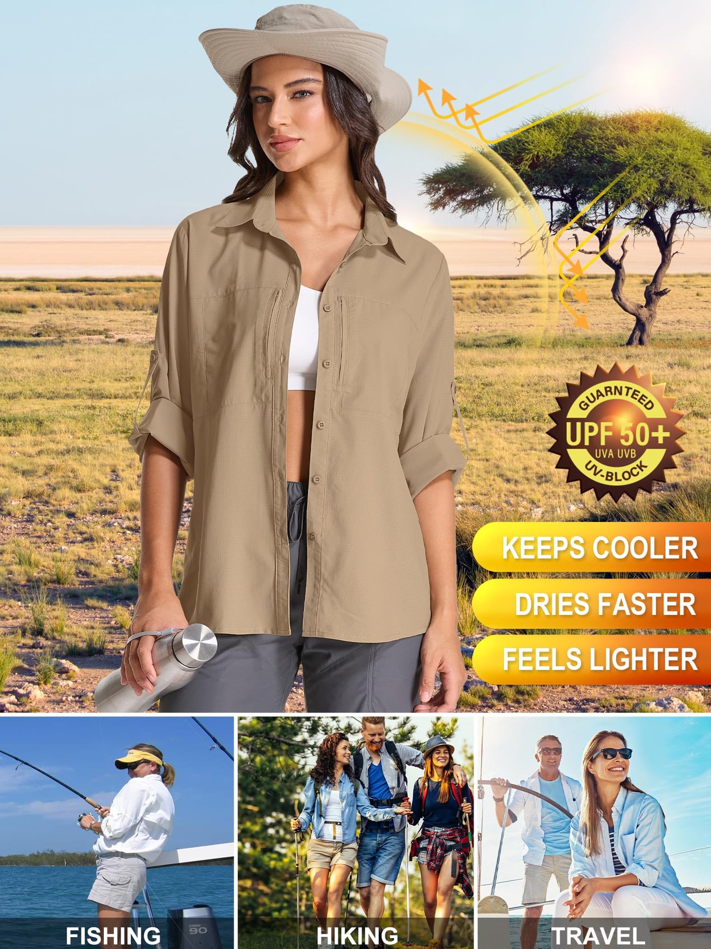 Women's UPF 50 Long Sleeve Sun Shirt - Safari & Hiking Quick-Dry UV Protection Button-Up Travel Shirt for Fishing,Gardening,Africa,5087,Gravel Brown,L