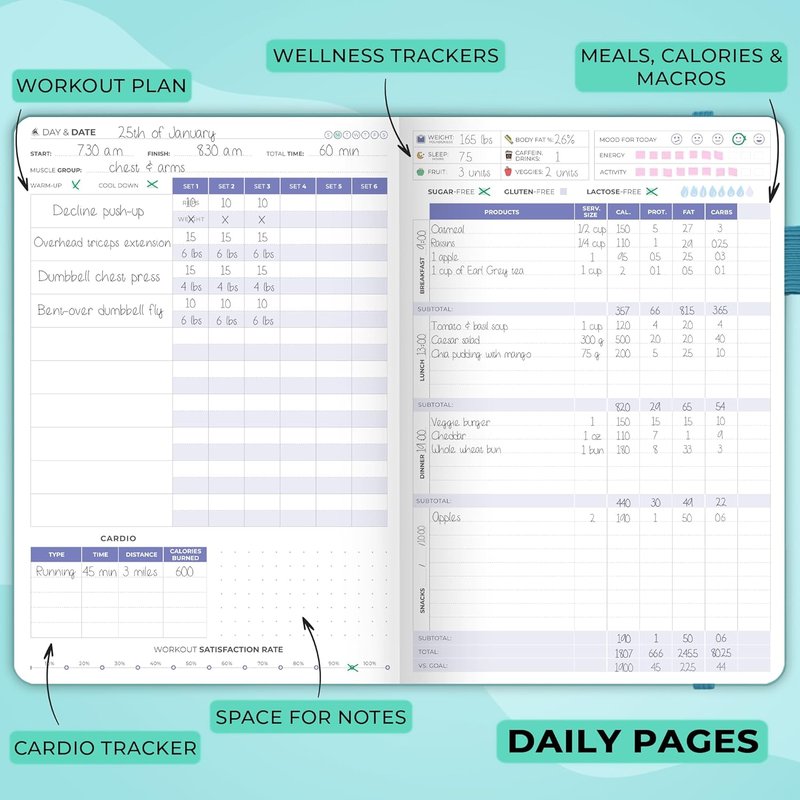 Fitness & Food Journal - Nutrition & Workout Planner for Men & Women | A5 Hardcover, Undated, Aquamarine