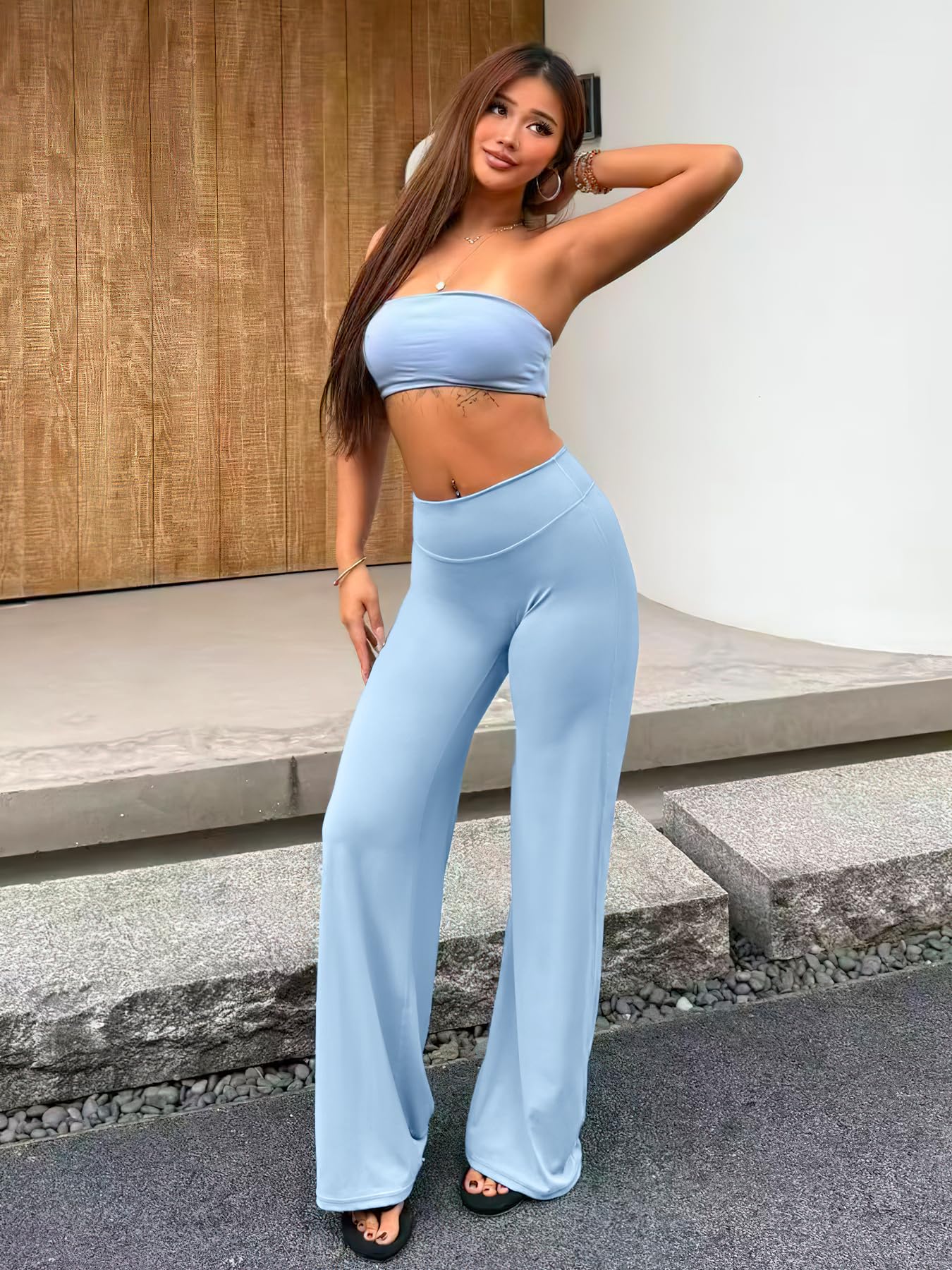 YEOREO Workout Womens Straight Leggings 33" Eddiy Yoga Pants Airy Blue XL