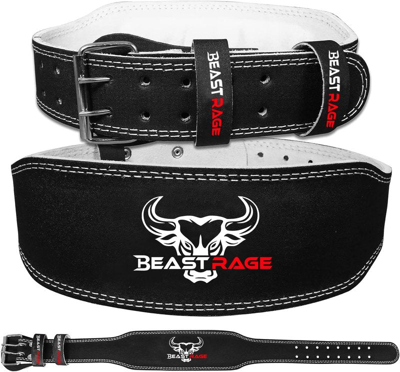 BEAST RAGE Weight Lifting Belt Leather Heavy Duty Gym Body Building Workout Training Weight Lifting Belt Adjustable Holes 4” Padded Lumbar Back Support Exercise Powerlifting Fitness Strength (Black, XL)