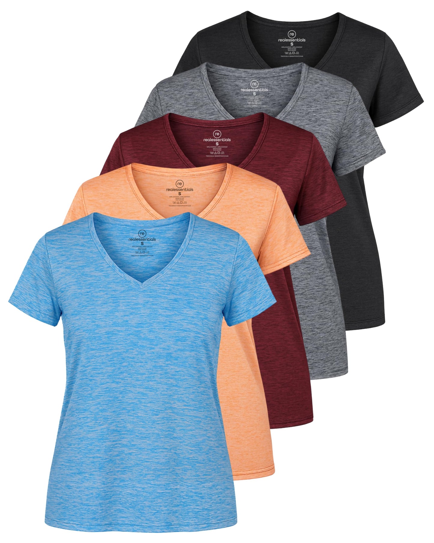 Real Essentials 5 Pack: Women's Dry-Fit Short Sleeve V Neck T Shirt Workout Fitness Yoga Top Tee, Set 2, L