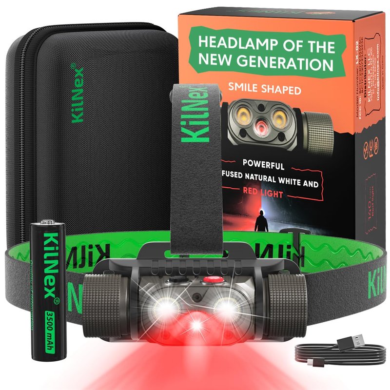 KILNEX Red Light Headlamp - 1100 Lumens White & Red LED | Rechargeable Headlamp, Case and Battery Included, USB Type C Charging | Waterproof IPX8 | Hunting, Camping, Fishing