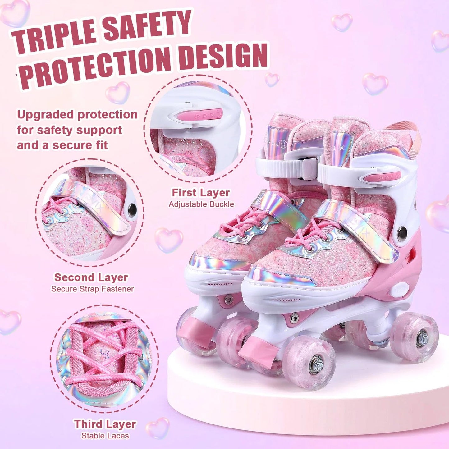 HUANOVIX 4 Sizes Adjustable Kids Roller Skates for Girls Boys Toddlers Youth Teens, 4‑Wheel Quad Skates with All Light Up Wheels, for Indoor Outdoor Sports