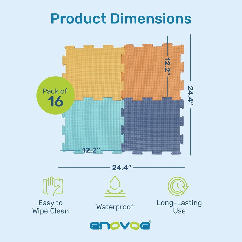 Baby Play Mat for Floor - Non-Toxic Interlocking EVA Foam Mats | 16 Pcs Cushioned Puzzle Mat (12" x 12")