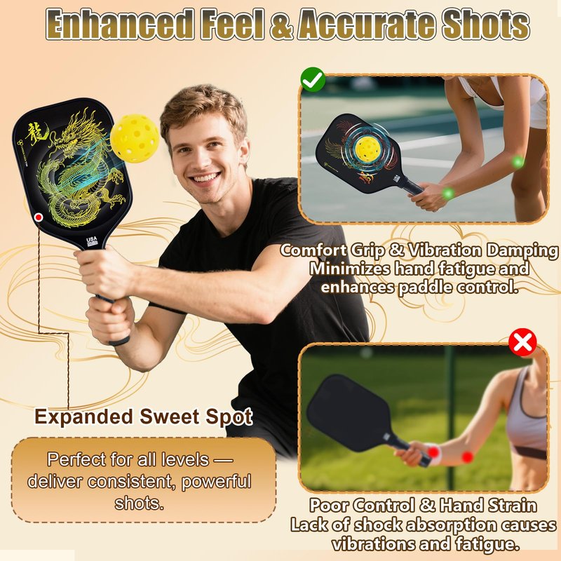 Pickleball Paddles Set of 2 – Lightweight T700 Carbon Fiber Pickleball Paddles, Durable 2 Paddles + 4 Outdoor Balls + Bag, Best for Beginner & Pro