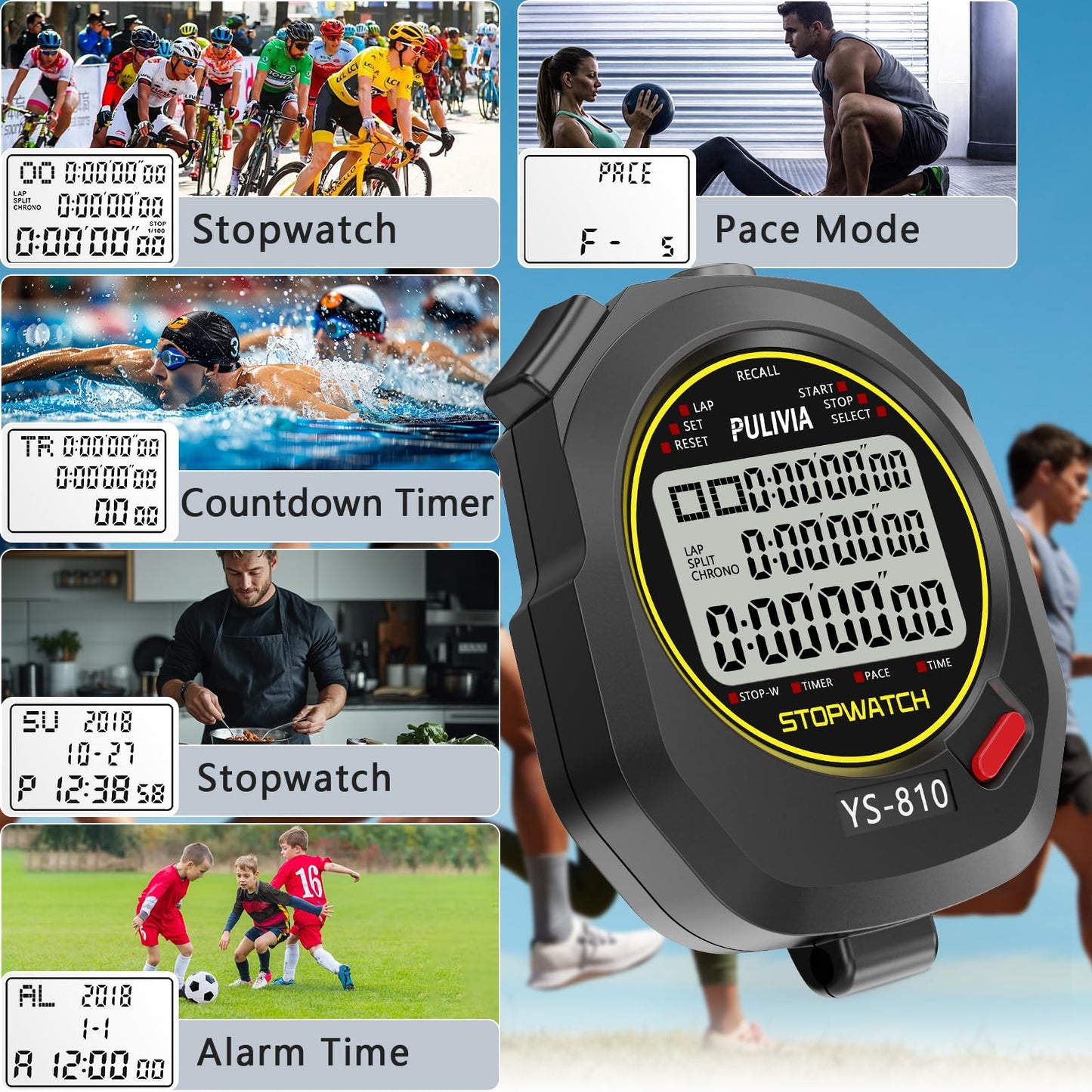 PULIVIA Stopwatch Timer 10 Splits/Laps Digital Stop Watch for Sports, Countdown Alarm Clock Date Memory Recall Large Display, Stopwatch for Coaches PE-Teacher Referee (Black, 10 Splits/laps)