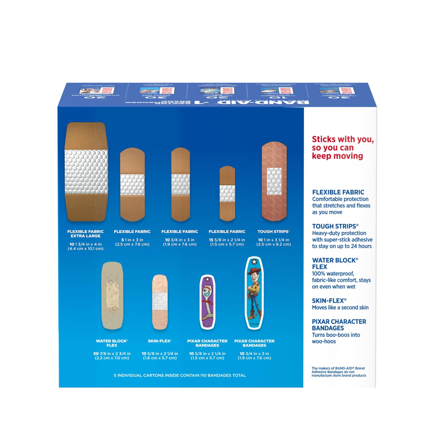 BAND-AID Brand Adhesive Bandage Family Variety Pack in Assorted Sizes Featuring Water Block Flex, Flexible Fabric, Skin-Flex, Tough Strips & Pixar Character Bandages, 110 ct