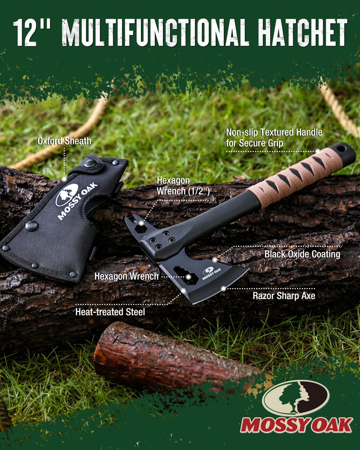 MOSSY OAK 12" Camping Axe and Survival Hatchet with Sheath