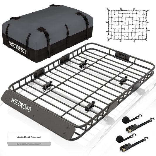 WILDROAD Car Roof Cargo Basket Combo of Upgraded 64"x 39"x 4" Roof Rack Cargo Basket with 21 Cubic ft Waterproof Cargo Bag, Cargo Net, Ratchet Straps and Anti-Rust Sealant