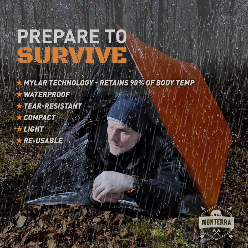 Monterra Emergency Tent, 2 Person Survival Shelter, Thermal Mylar, Waterproof, Outdoor Camping Gear and Equipment, Survival Kits, Compact Bivvy Tarp, includes Paracord and Accessories.