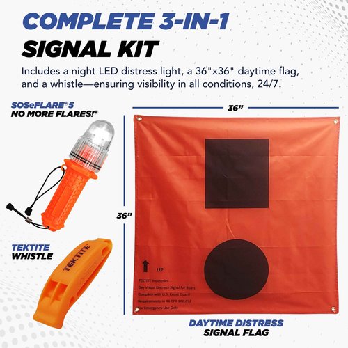 TEKTITE® SOSeFLARE 5 NO MORE FLARES! Electronic Boat Distress Flare w/Flag and Audible Signal Kit- USCG & SOLAS Compliant Marine Safety Signal - Waterproof LED & Audible Locator for Boats