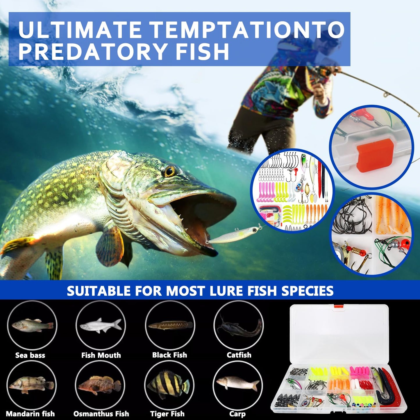 Kivinia 114 PCS Fishing Gear Lure Kit Including Crankbaits, Spinnerbaits, Plastic Worms, Jigs, Hooks, Weights, Topwater Lures, Tackle Box and More, Fishing Tackle Box for Freshwater and Saltwater