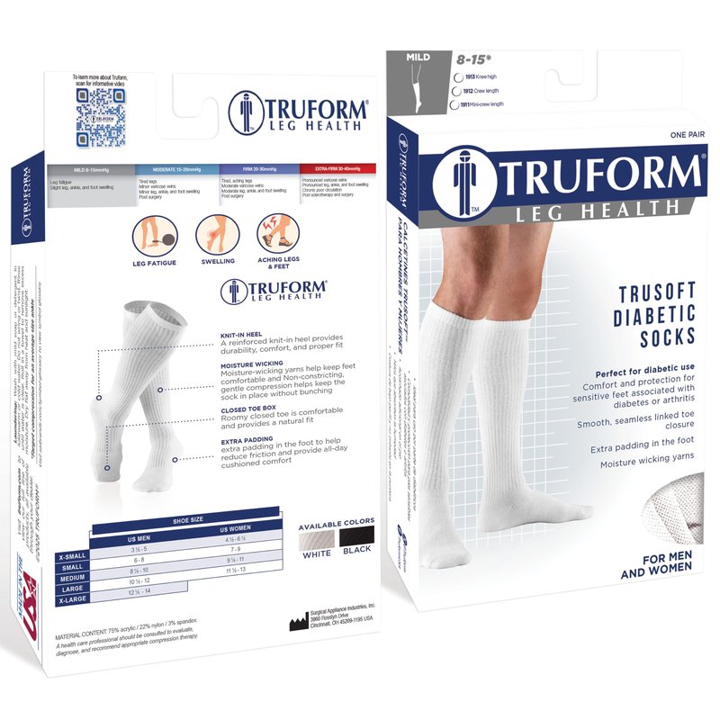 Truform Diabetic Compression Socks for Men and Women, 8-15 mmHg Knee High Over Calf Length, White, Large