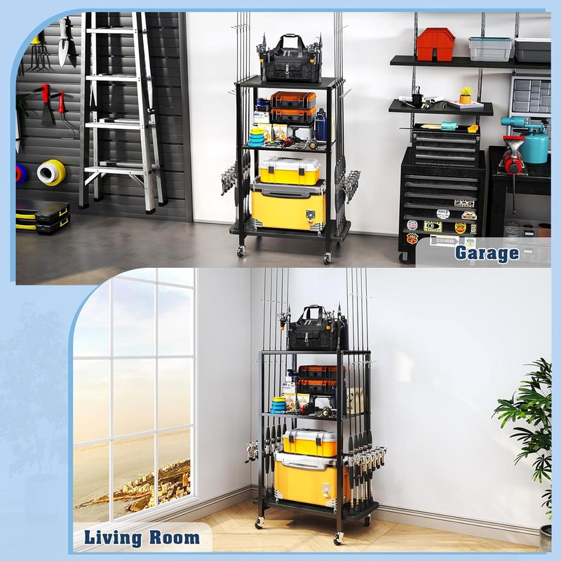 Fishing Rod Holder - 3-Tier Fishing Pole Rack Cart for 10 Rods | Tackle Storage Organizer with Bag - Black