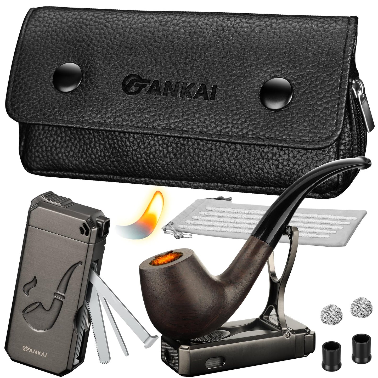 Pipe Set, Complete Wood Pipe Kit – Refillable Butane Lighter with Stand, 3 in 1 Cleaning Tools, 2 Filter Balls, Pipe Bits, 5 Pipe Cleaners, Portable Pouch, Pipe Gift Set for Beginners & Travel