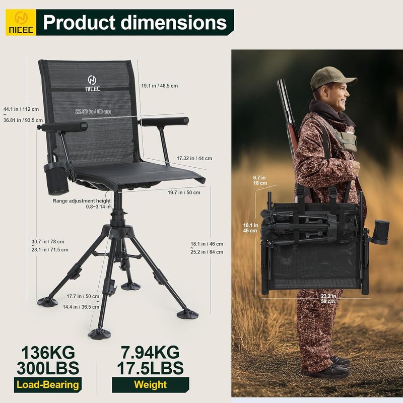 Swivel Hunting Chair - 360° Rotating Silent Blind Chair with Adjustable Height, Armrest & Cup Holder | No-Sink Feet
