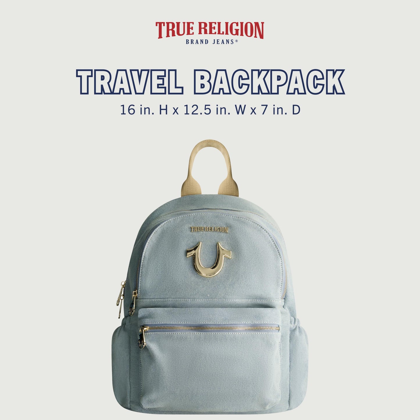 True Religion Backpack, Horseshoe Logo and Zip Pockets Travel Bag, Denim