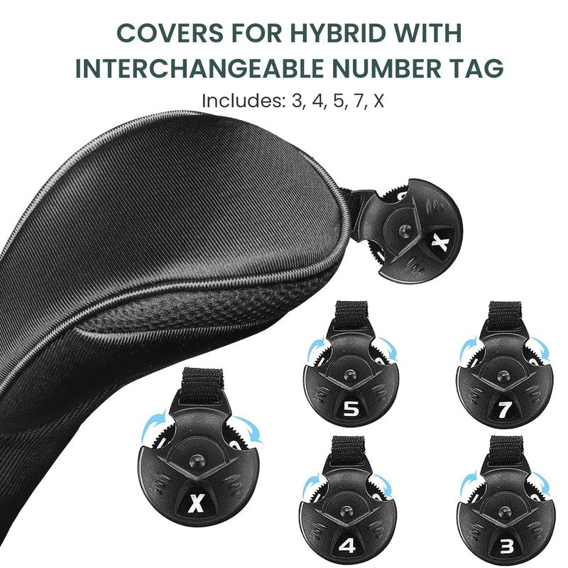 FINGER TEN Golf Club Head Covers for Hybrids Long Headcover Interchangeable Accessories for Ultimate Club Protection (2 Hybrid-Black)