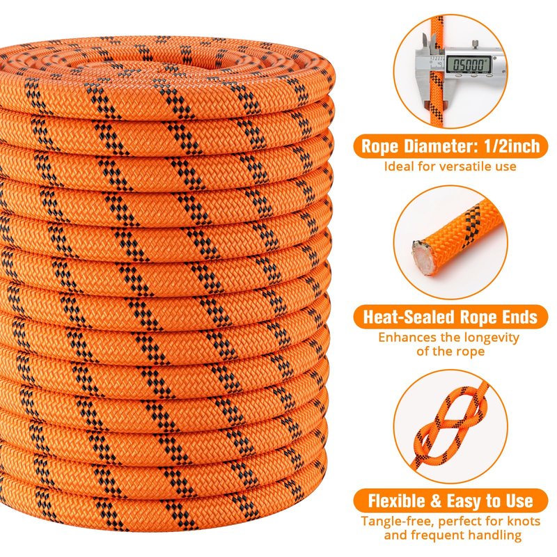 Double Braided Arborist Rigging Rope - 1/2 in X 100 ft 48 Strands Rappelling Outdoor Pulling Heavy Duty Polyester Bull Rope for Swing Tree Work Camping Rescue Hiking Logging - Orange