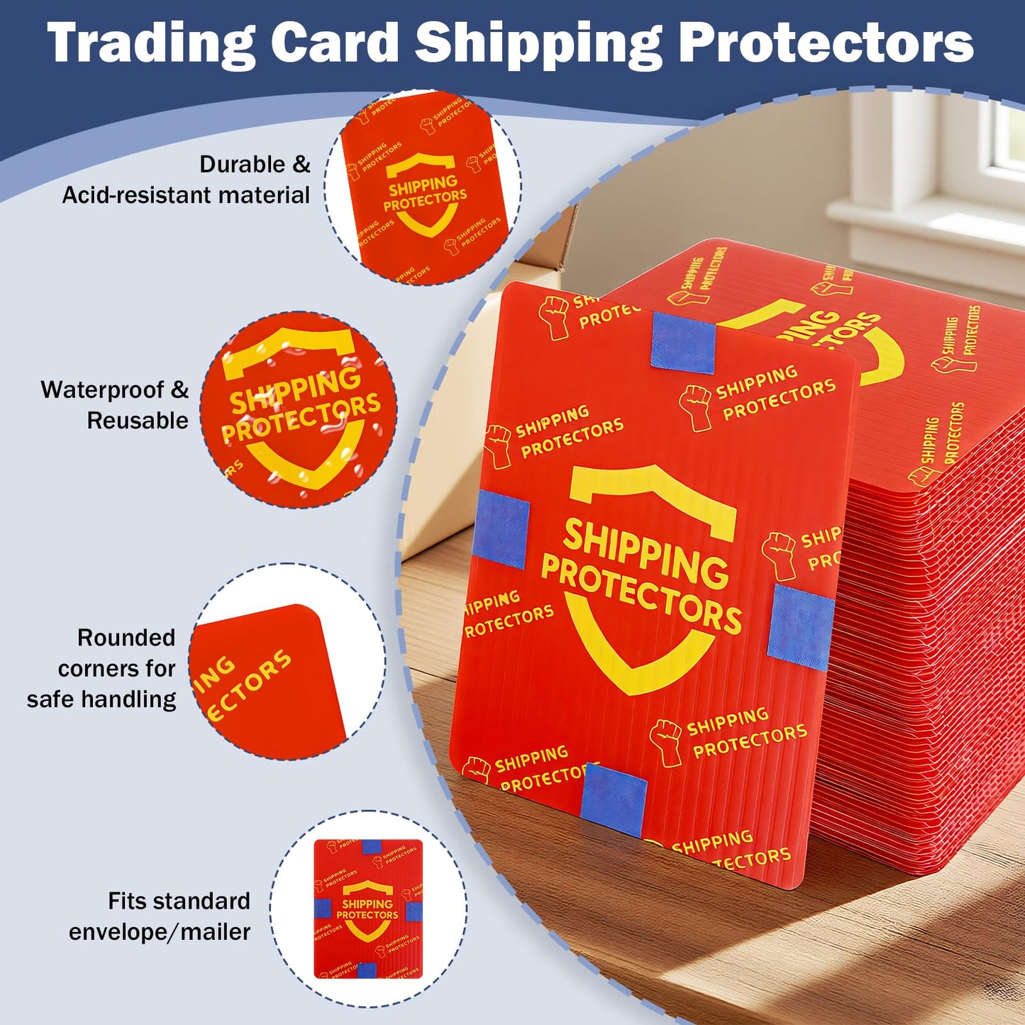 Succwoah 1000-Pack Trading Card Shipping Protectors 3.5'' x 4.5'' with 8 Rolls of Tape, Heavy Duty Corrugated Sheet for Safe Shipping, Precut Card Mailers for Sports, MTG, and Collectible Cards (Red)