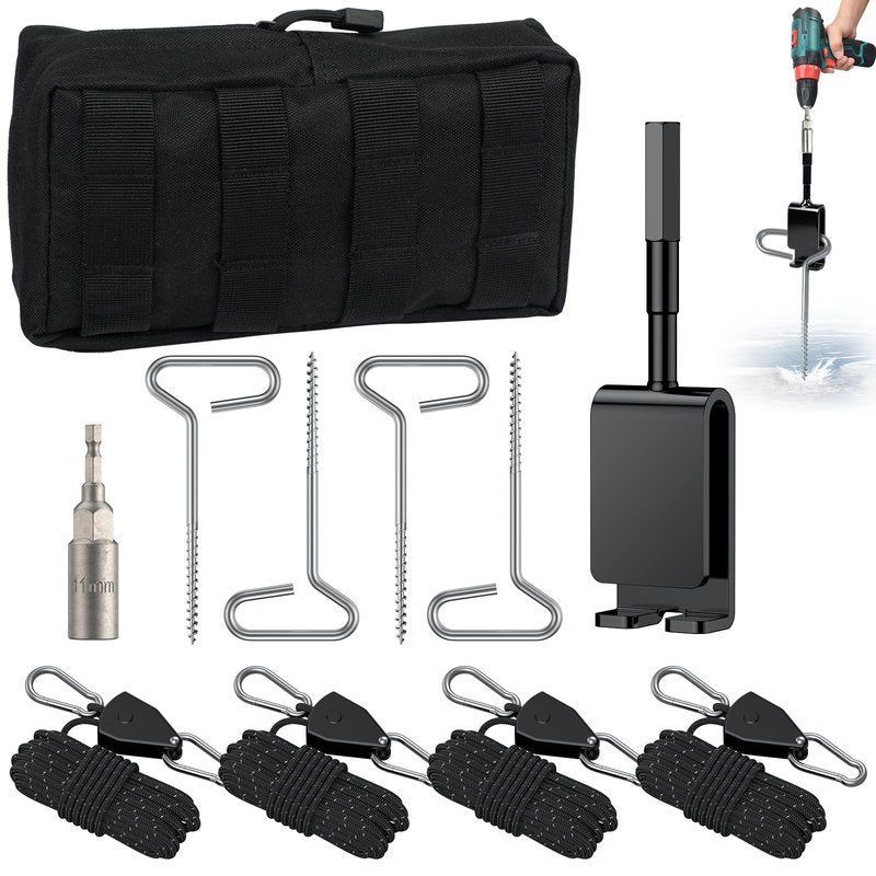 Pawfly 10 Pcs Ice Anchor Tool Kit with Ice Screw Anchors, Tent Guylines, Ice Anchor Drill Adapter & Ice Anchor Drill Attachment, Outdoor Tent Fixing Kit for Winter Camping & Ice Fishing Shelter