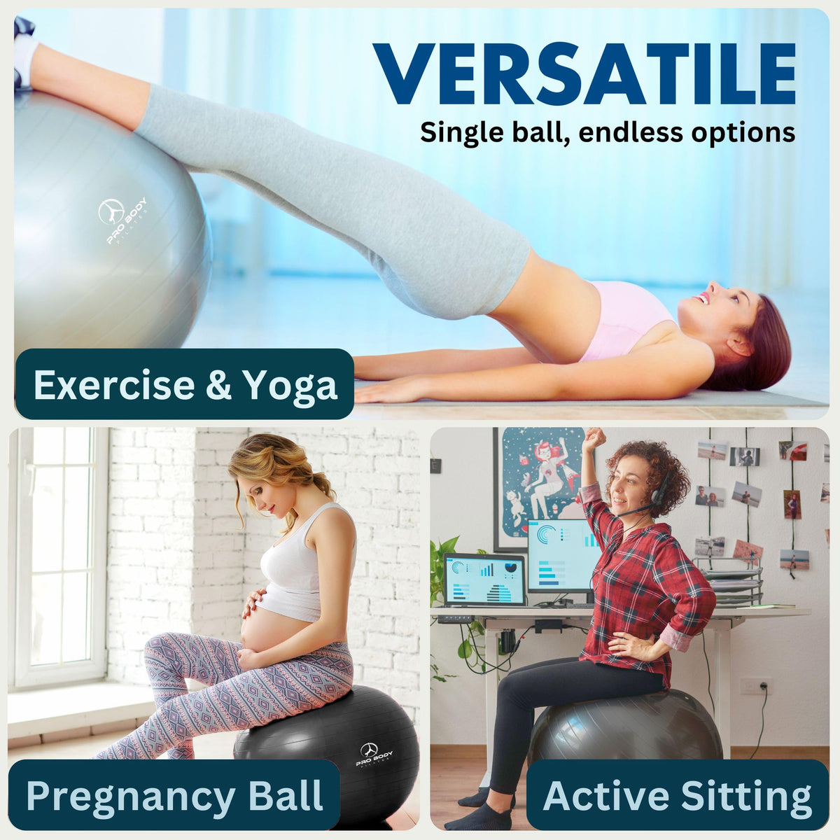 ProBody Pilates Yoga Ball Chair, Exercise Ball Chair with Base or Stand for Home Office Desk Sitting or Workout, Balance Ball & Stability Ball Seat for Back, abs (Aqua, 27-30 inches/68-75 cm)