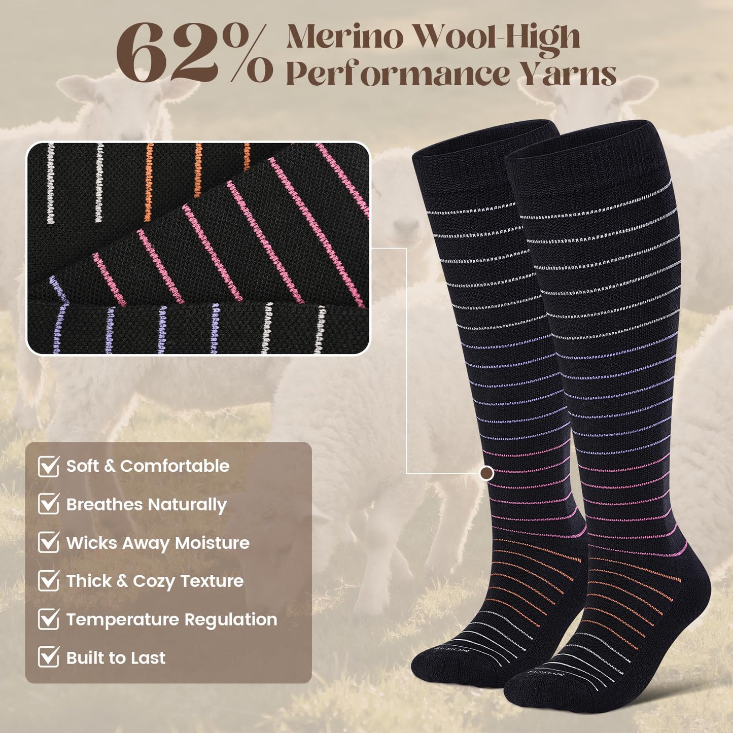 LEVSOX Wool Compression Socks for Women and Men 20-30mmHg Knee High Support Socks for Flying Nurses Pregnancy
