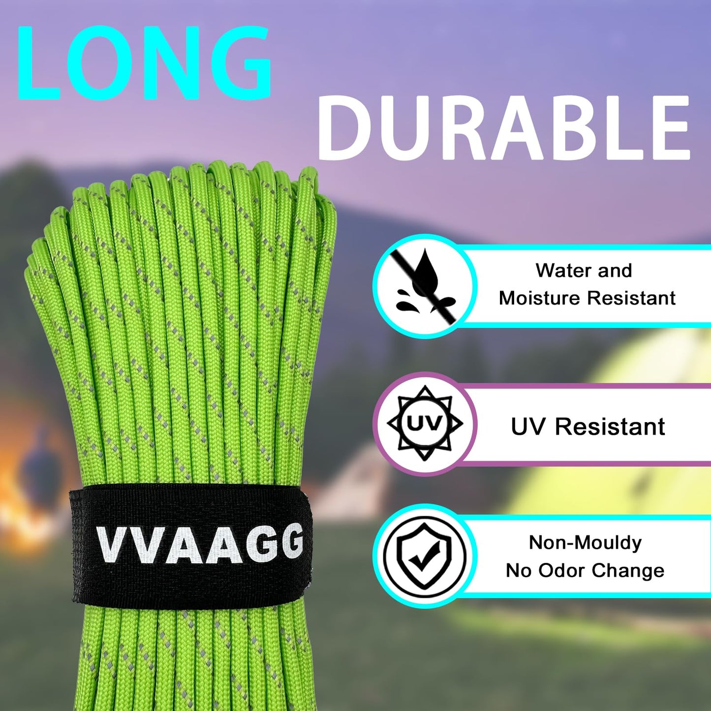 VVAAGG Reflective Paracord Rope 100FT, 7 Strand Nylon para Cord Lanyard Utility 550 Parachute Cord, 4mm Thin Tent Rope for Outdoor Camping Hiking (Neon Green)