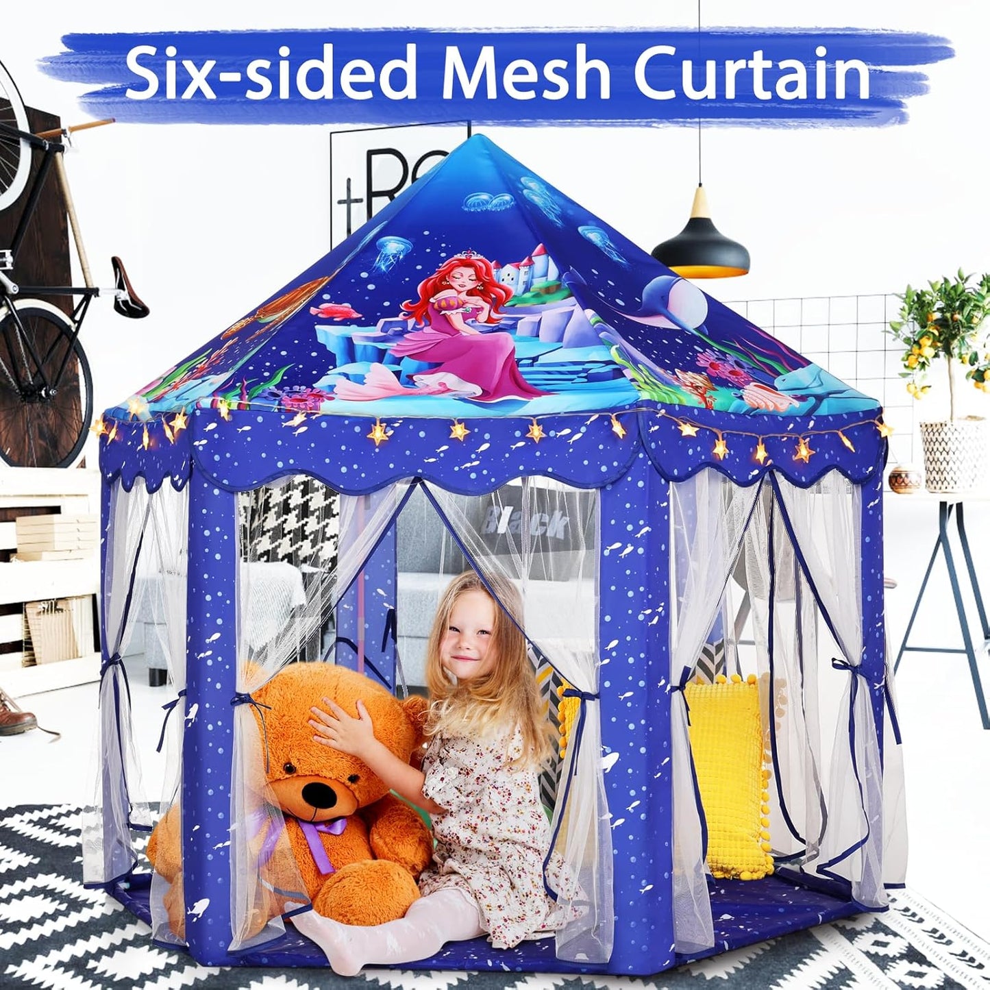 Mermaid Princess Play Tent for Girls - Large Blue Castle with Star Lights | Indoor & Outdoor Fun