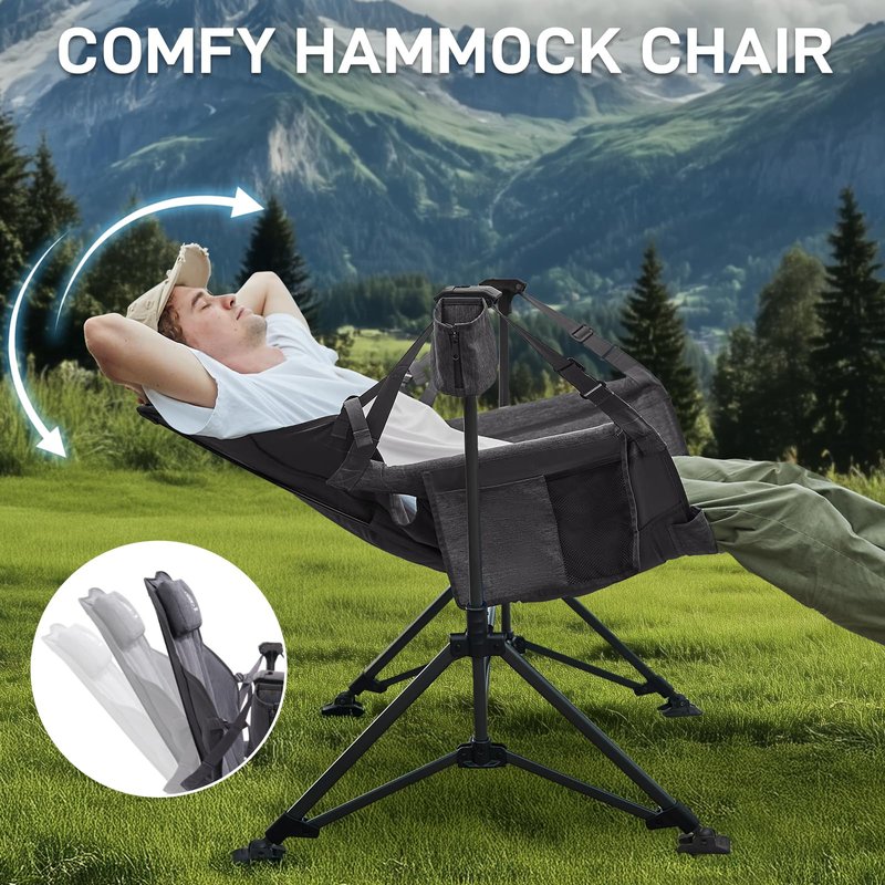 EVER ADVANCED Padded Hammock Camping Chair, Oversized Heavy Duty Swing Chair with Detachable Cup Holder, Portable Folding Rocking Camping Chair, Support Up to 400lbs, Grey