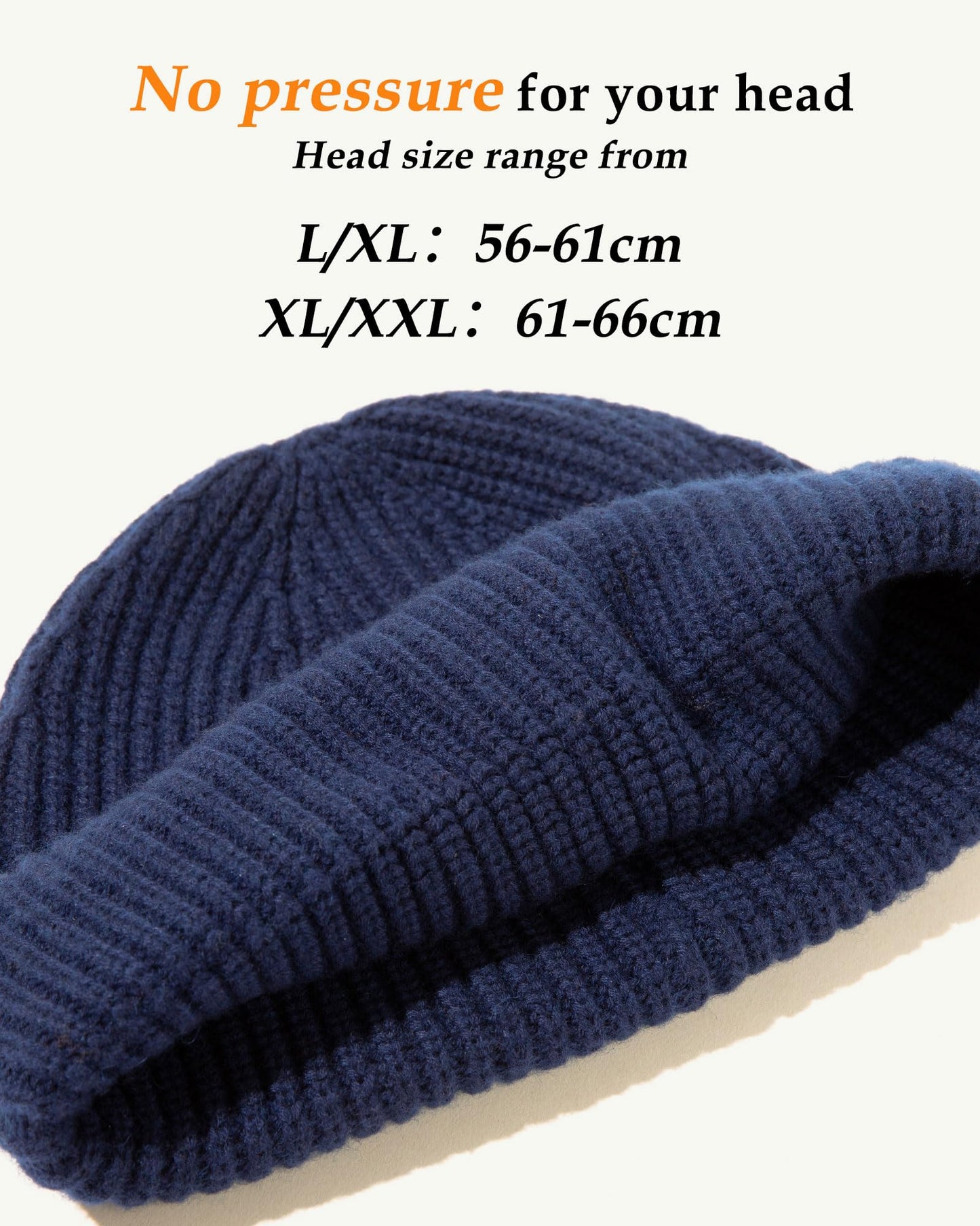 Oversize L/XL/XXL Merino Wool Blend Short Fisheman Beanie Lightweight Warm Hat for Cold Weather Winter (US, Alpha, XX-Large, Navy)