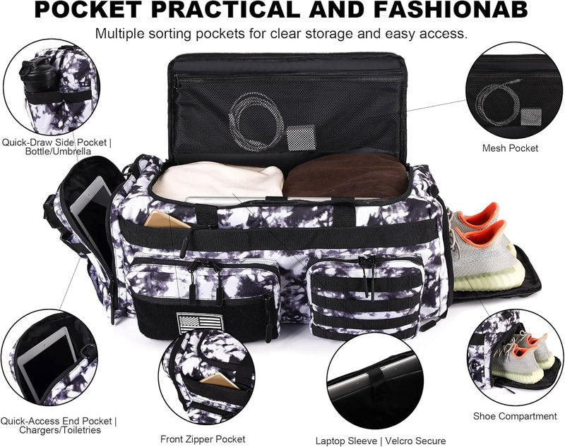 Tactical Duffle Bag for Men - 50L 3-in-1 Gym Backpack with Shoe Compartment & Laptop Sleeve | Black & White