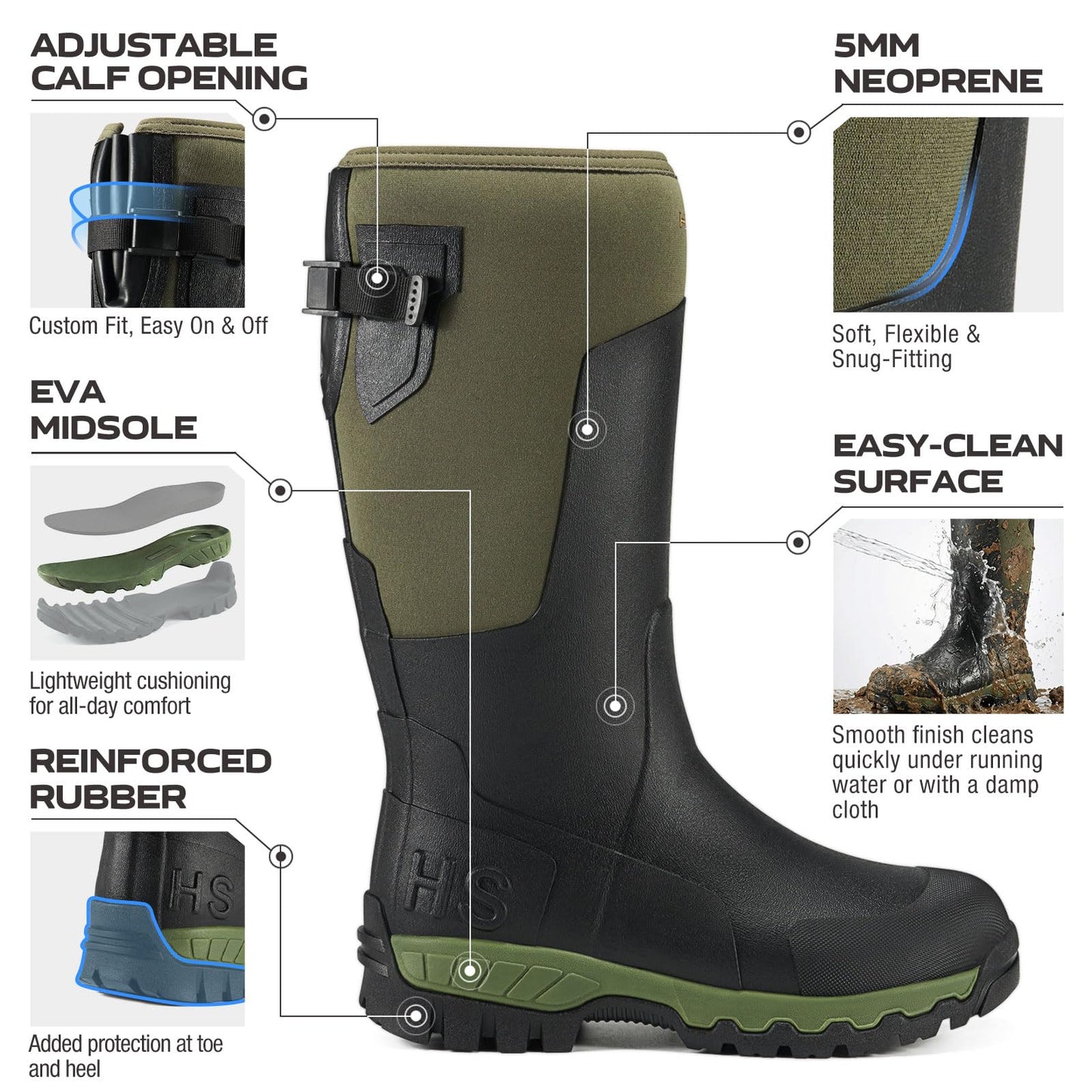 HISEA Men's Tall Boot with Arctic Ice Grip, Waterproof Rubber Rain Boots, Insulated Neoprene Warm Mud Boots for Outdoor Work Hunting