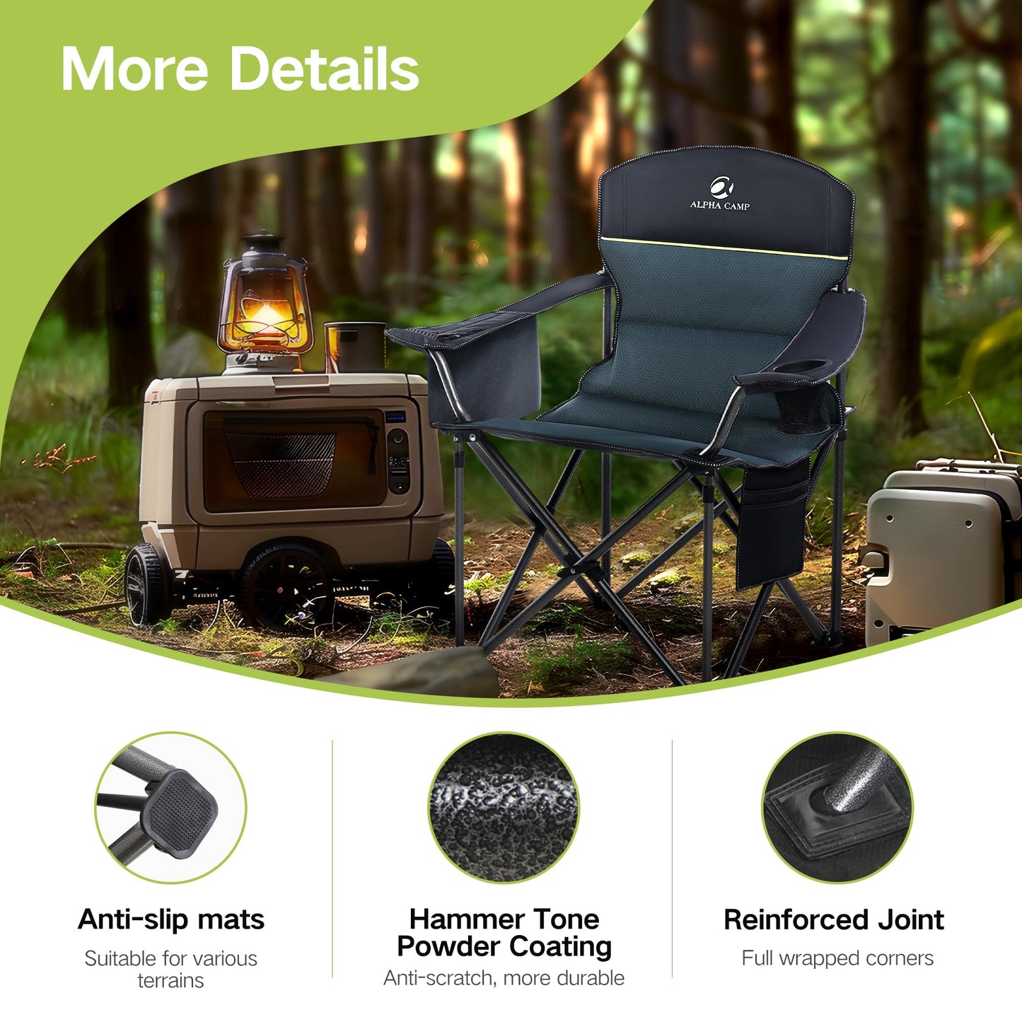 2 Pack Oversized Folding Camping Chairs High Back Heavy Duty Padded Lawn Chair for Adults Support up to 450lbs with Cup Holder, Side Pocket Cooler Bag, Blue
