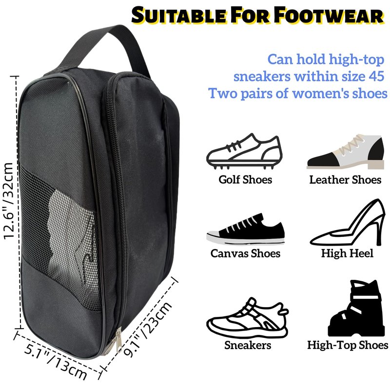 Voyboced 2 Pcs Golf Shoe Bag for Travel, Outdoor Zippered Sports Shoe Carrier Tote with Ventilation, Protective Shoe Storage Pouch for Men Women (2Pcs-Black)